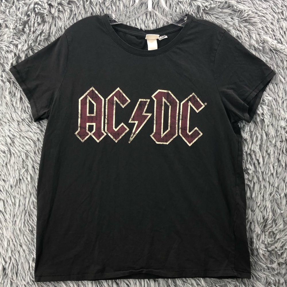H&M LOGG AC DC Tshirt Womens Large Rock 80s Spellout Logo Black Concert